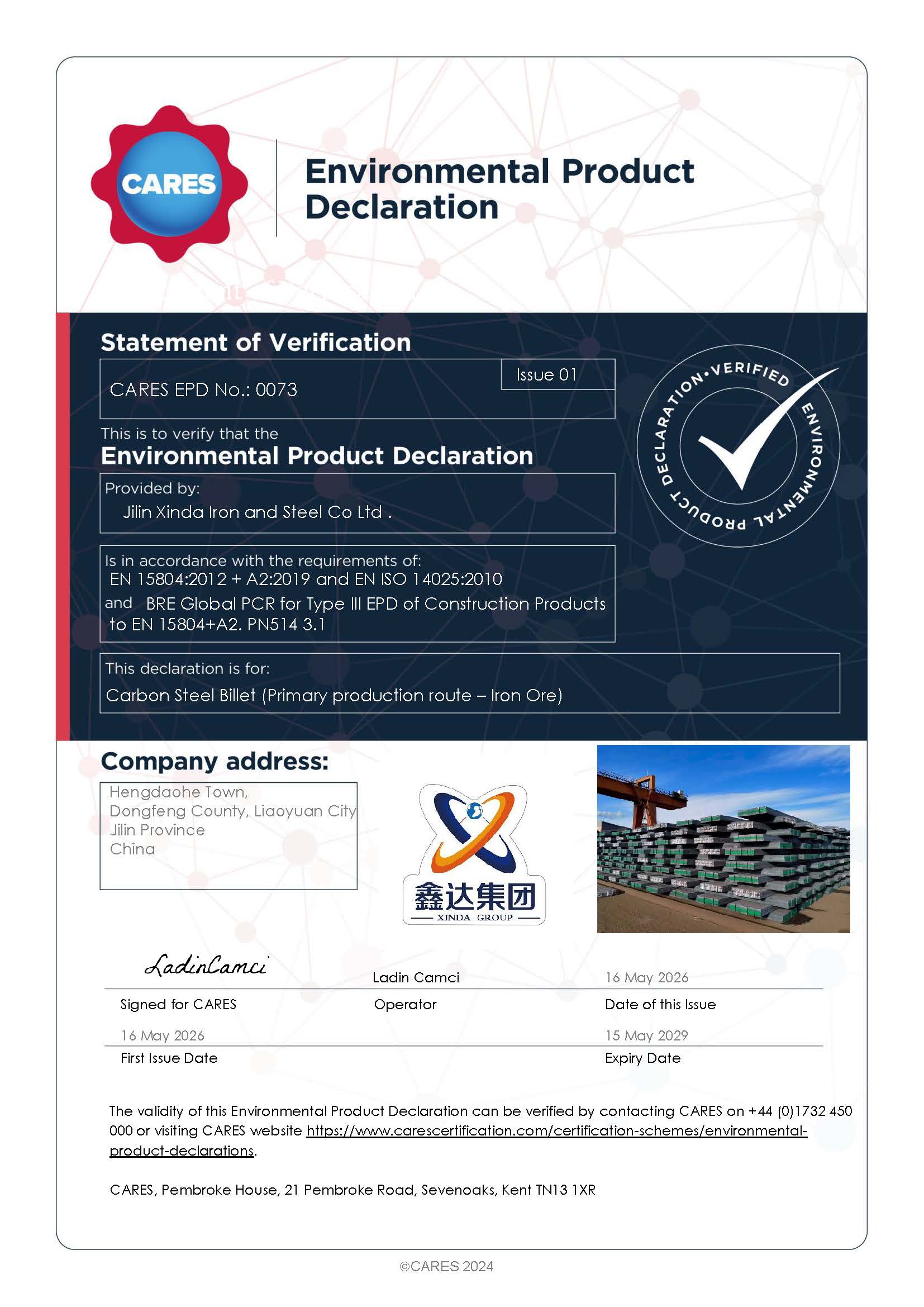 Jilin Xinda Steel Co., Ltd. EPD